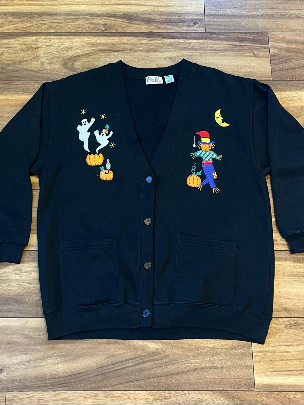 Embroidered Halloween cardigan sweater w/ pockets vintage cottagecore ghosts XL - Picture 2 of 5